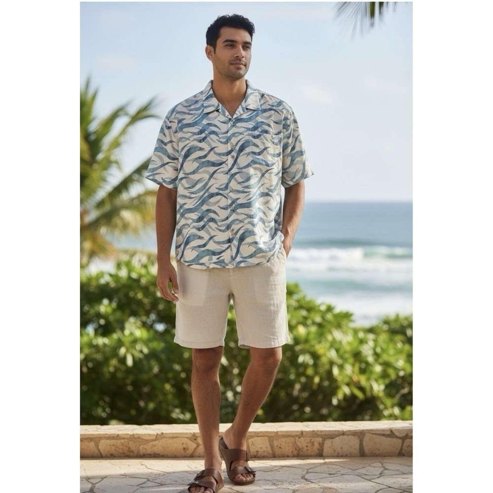 Tommy Bahama IslandZone Silk Blend Wave Camp Shirt Blue Ivory Casual Resort XL